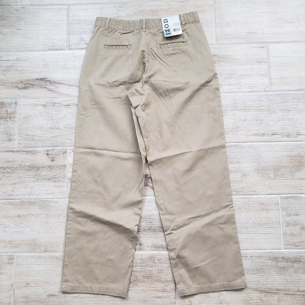 NWT Izod Boys Flat Front Husky Khaki Pants Straight‎ Leg School Uniform Tan 16